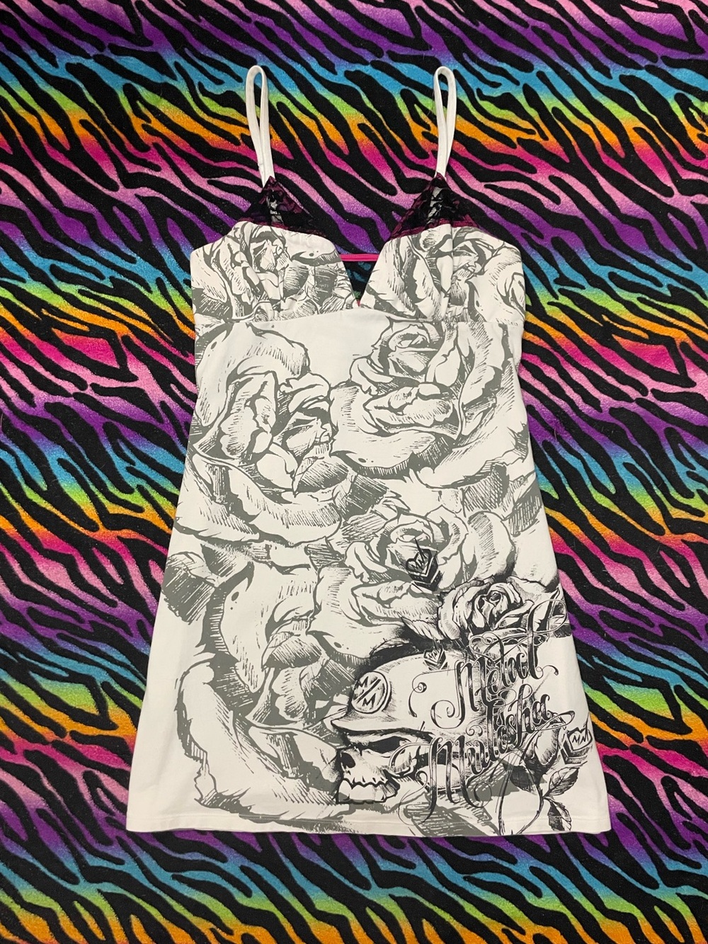 Y2k grunge goth rare 2000s Metal Mulisha Edgy Black Mini Dress with Rose Print